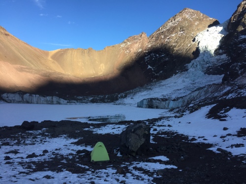 A nice, cold campsite at a glacial lake in Cajon del Maipo. On a normal snow year, there would be two meters of snow at this time.